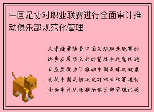 中国足协对职业联赛进行全面审计推动俱乐部规范化管理