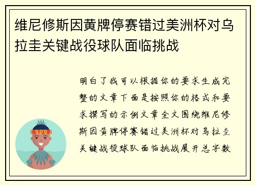 维尼修斯因黄牌停赛错过美洲杯对乌拉圭关键战役球队面临挑战